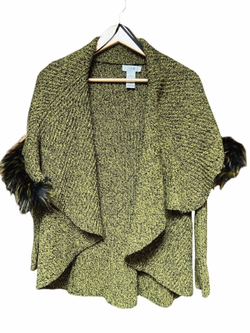 LaSeine Marled Knit Faux Fur Sweater with Hood Green S